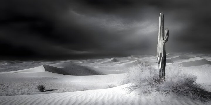 AI image Monochromatic desert scenery showcasing a tall cactus under dramatic sky against desolate