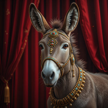 Donkey wearing elegant jewelry with dramatic red curtains