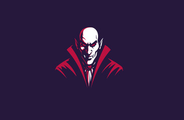 A stylized illustration depicts a vampire's face. He is bald with sharp ears and piercing red eyes