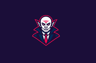 A stylized, cartoon illustration of a vampire. The vampire is depicted with pale skin, sharp fangs, red eyes, and a black suit