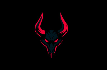 A stylized head of a creature with red horns and eyes on a black background