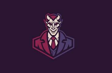 A devil character dressed in a suit, with horns and a sinister grin, against purple backdrop
