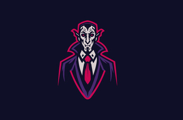 Stylized illustration of a vampire in a suit, rendered with bold outlines and a dark color palette, capturing the essence of gothic horror