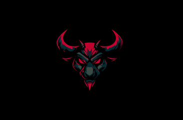 A stylized demonic bull's head, with glowing red eyes and horns on a black background