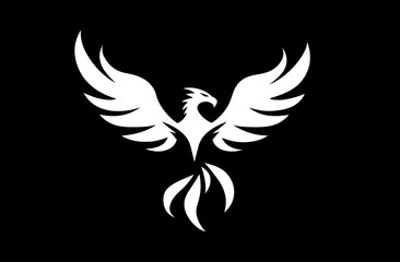 Minimalist white phoenix with spread wings, tail feathers, set against a black background