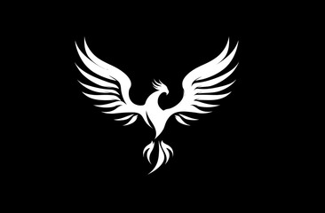 Obraz premium White phoenix stylized, wings spread against black background, tail feathers flaming