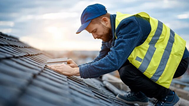 Worker man roof construction safety inspection repair maintenance outdoor professional building tile uniform cap vest skilled job industry male