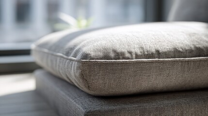 Serene Cushion Comfort: A close-up study of a plush cushion, bathed in soft light, reveals its inviting texture and simple elegance, embodying rest and relaxation.