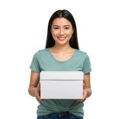 Smiling woman holding a blank white box isolated on transparent background