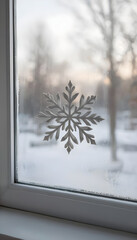 A paper snowflake glued to a window in winter creates a cozy atmosphere.