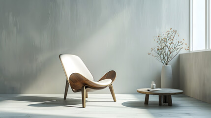 elegant designer chair and coffee table in minimal studio background, clean product photography style, cinematic 16:9
