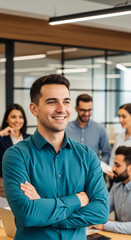 Obraz premium Smiling man in teal shirt, arms crossed, confident pose, other colleagues blurred in background, showcasing teamwork and success in modern office