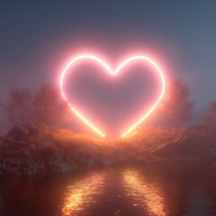 A neon heart shines brightly in a mystical landscape. The soft glow illuminates a foggy, serene scene with reflective water.