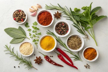 Arrangement of Herbs and Spices on Neutral Background