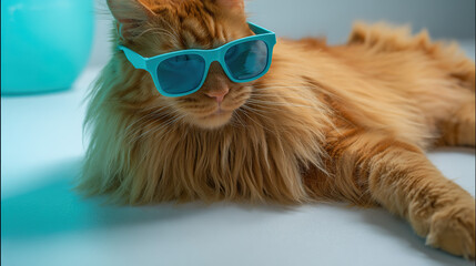  Playful ginger cat wearing sunglasses, showcasing detailed fur under soft directional lighting. wildlife magazines, conservation campaigns, designed for nature documentaries and education.