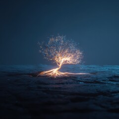 Illuminated tree with glowing roots stretches across a dark landscape under a night sky, symbolizing life and resilience.