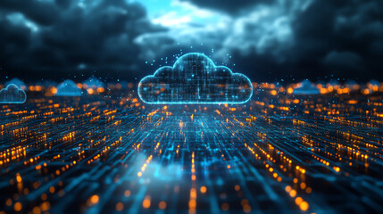 A digital cloud service concept with vibrant data streams and illuminating particles representing advanced connectivity and information flow.