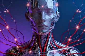 Cybernetic human with glowing neural network and red circuitry against a dark background