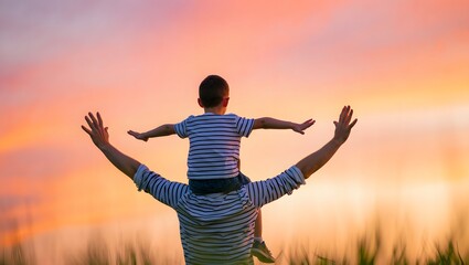 Father and son enjoying sunset together with arms spread wide open in a field of grass