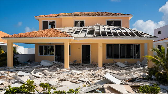 A damaged Cancun residence with a missing roof and broken windows, surrounded by debris - desolation hurricane unsafe