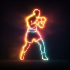 Vibrant, glowing neon art of a boxer in stance, poised for action, set against a dark background. An interesting depiction of sports.