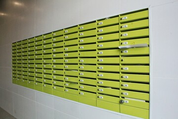 Wall of green apartment mailboxes. Numerous mail boxes in residential building. Array of green letterboxes on wall. Multiple green mail receptacles in hallway. Green mailboxes for apartment residents