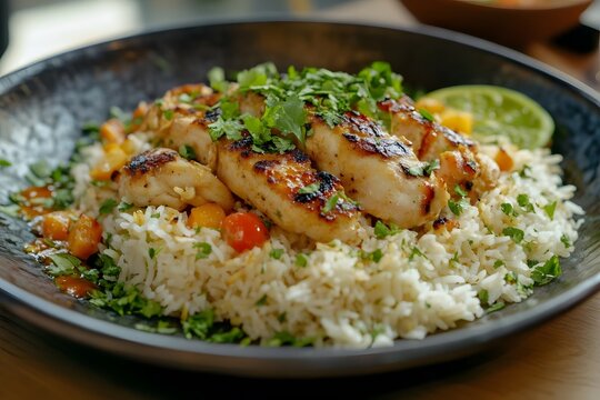 AI image: Delicious grilled chicken with rice garnished with fresh cilantro and lime in a dark