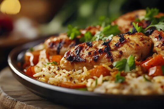 AI image Delicious grilled chicken breast with rice and vegetables culinary presentation