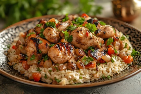 AI image Grilled chicken pieces served over rice and vegetables on ornate plate delicious culinary