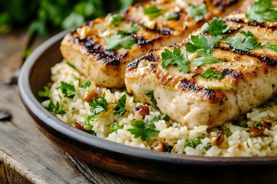 AI image Grilled chicken breasts atop rice and fresh parsley offer culinary delight healthy dinner