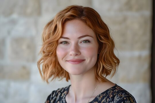 AI image Portrait of a charming woman with beautiful features and wavy copper hair in a cheerful