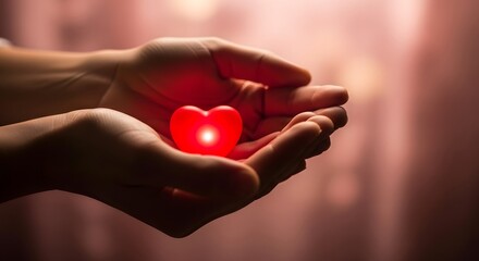 Fototapeta premium Holding a Lit Heart: A tender moment unfolds as a pair of hands gently cradle a glowing, heart-shaped object, bathed in soft, warm light, evoking feelings of love, care, and compassion.