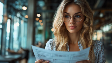 A focused young woman in glasses examines important documents in a modern workspace, showcasing professionalism and determination.