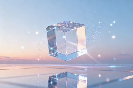 Transparent crystal cube floating above reflective surface at twilight with glowing particles in the sky