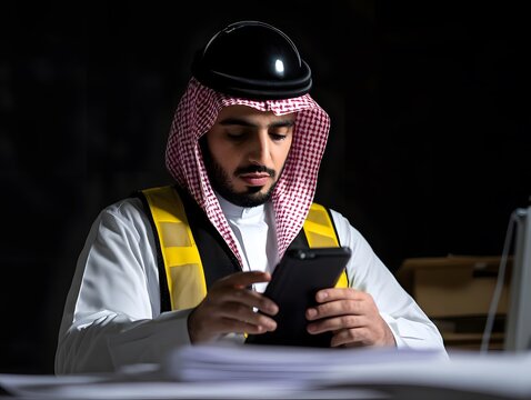 AI image: Saudi engineer using a tablet wearing hardhat and safety vest in dark setting overseeing