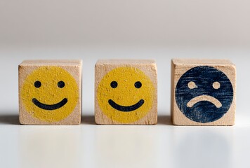 Three cheerful wooden cubes with vibrant yellow smiley faces radiate joy, perfect for playful designs, educational materials, or conveying positive emotions in a bright, clean studio setting.