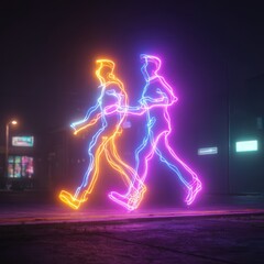 Neon figures of two people depicted as walking. The vibrant figures are in a nighttime urban setting.