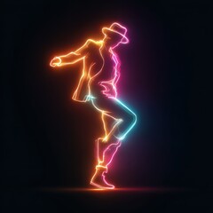 Neon Dancer: A vibrant figure in a suit and fedora, outlined in bright neon colors, striking a pose on a black stage. Energetic performance.