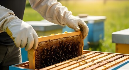beekeeper inspecting honeycomb frame full of bees outdoors