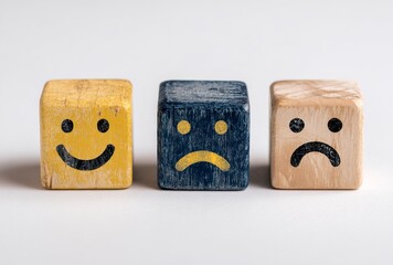 Playful trio of wooden cubes featuring bright yellow smiley faces, conveying joy and positive energy, perfect for cheerful designs and happy themes.