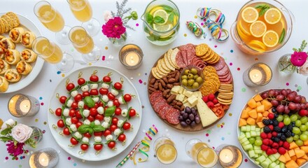 Delicious Food Spread with Drinks and Appetizers.