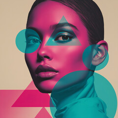 Woman's Portrait with Pink Skin and Overlaid Geometric Shapes