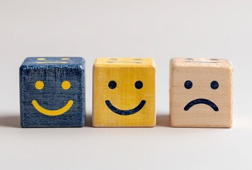 Three cheerful wooden cubes with a bright yellow smiley face offer a delightful, playful, and positive vibe, perfect for creating joyful and engaging content that spreads happiness and good times.