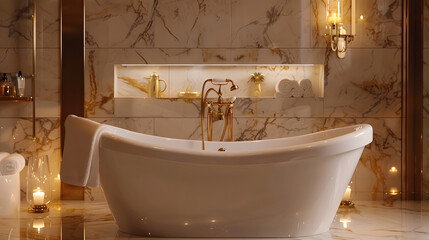 luxury bathroom with marble walls, freestanding bathtub, golden fixtures, candles and ambient lighting, cinematic spa atmosphere, 16:9