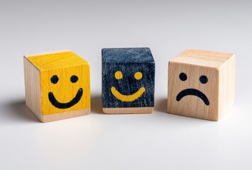 Three cheerful wooden cubes with bright yellow smiley faces radiate positivity and joy, perfect for design projects seeking a playful, happy, and uplifting aesthetic for advertising or branding.