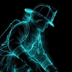 A heroic firefighter in silhouette, wearing safety gear and a helmet, glowing with blue light, a symbol of bravery and dedication.