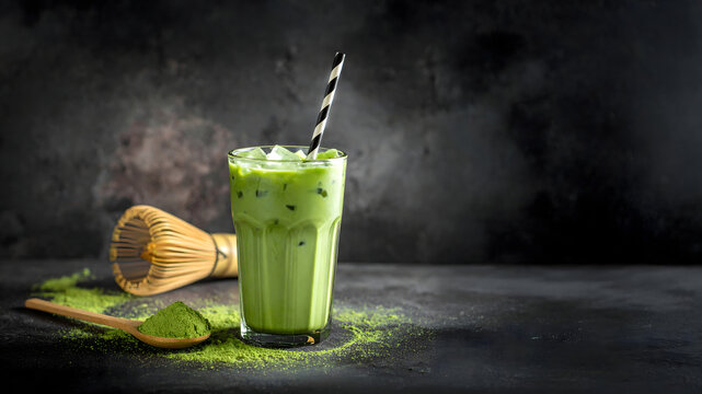Ice matcha latte and bamboo brush on dark background
