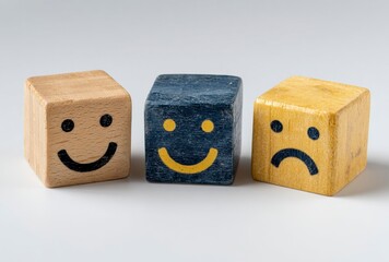 Three cheerful wooden cubes with bright yellow smiley faces radiate joy and positivity, perfect for playful designs and uplifting themes, exuding happiness and fun.