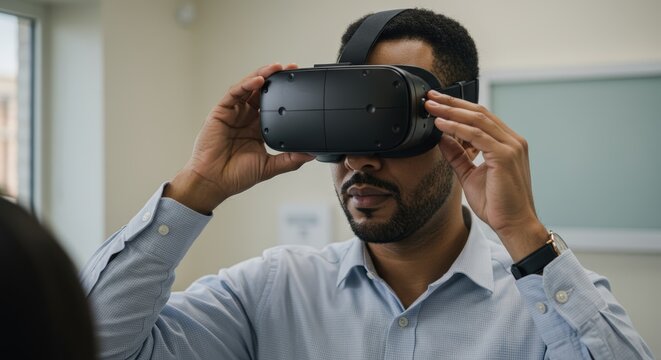 Focused African American Man Using VR Headset for Immersive Virtual Reality Therapy and Mental Wellness