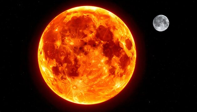 Fiery sun and moon in space